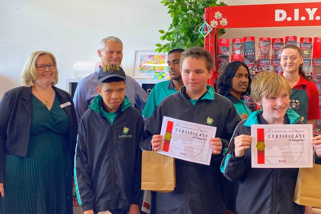Mosaic COO Kim Adamson and CEO Rob Wilton with students from Lakeland Senior High School at Bunnings Jandakot.